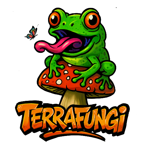 Frog cartoon coloré sur un champignon, illustration pour Terrafungi.